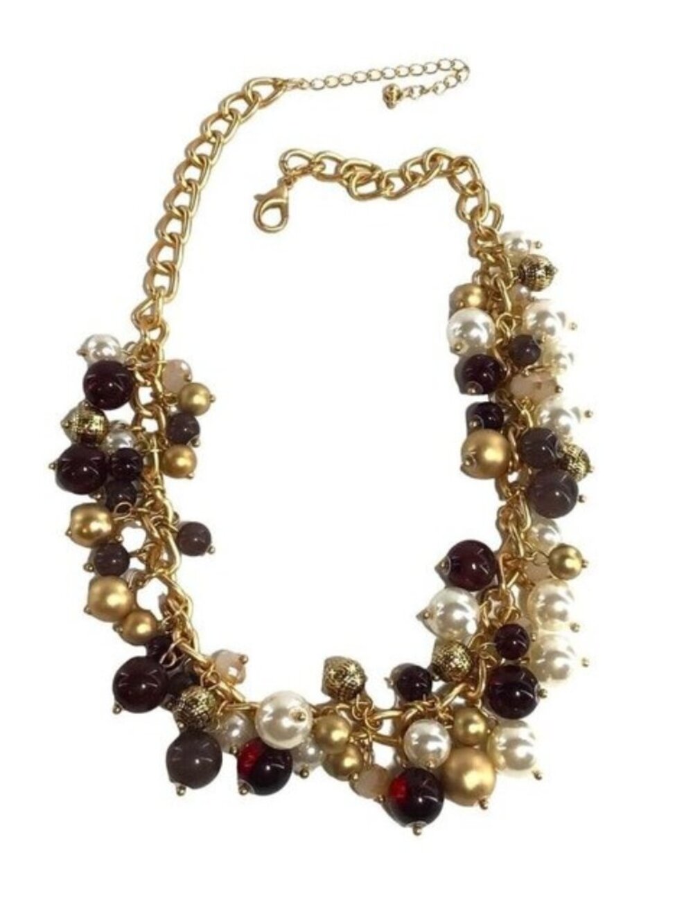 Beaded Statement Necklace Brown Gold Tone Cream Adustable Length Womens 18 Inch - Picture 4 of 4